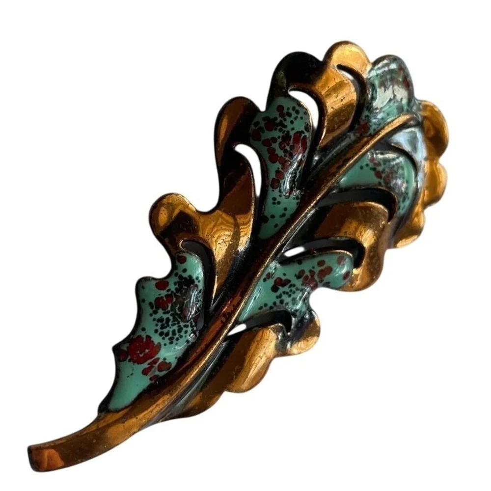 ❗️FINAL SALE❗️ Copper Green Enamel Leaf‎ Brooch Pin Floral Jewelry Pin